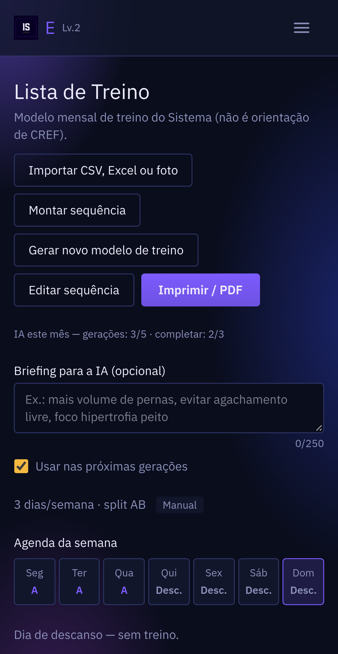 Lista de Treino antes de gerar um novo modelo, com o botão "Gerar novo modelo de treino", o contador de IA do mês e a agenda antiga (antes)