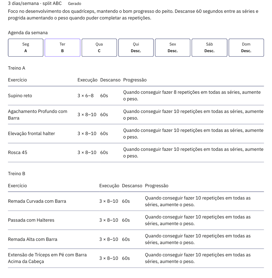 Página 1 do PDF de Imprimir / PDF, com a agenda da semana e as tabelas dos Treinos A e B