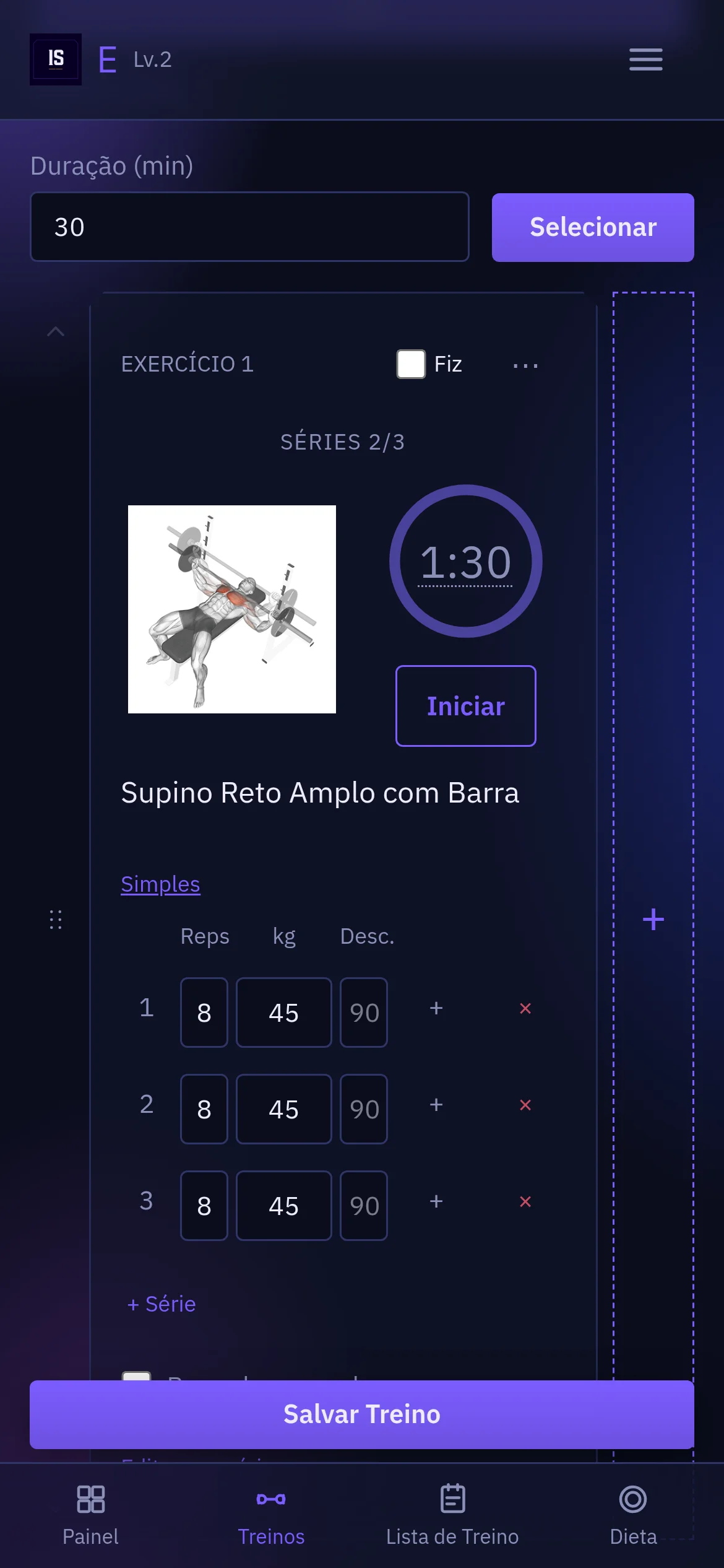Registrar treino com Supino Reto Amplo com Barra: 3 séries de 8 reps com 45 kg, descanso 90 s, séries 2/3 e timer 1:30