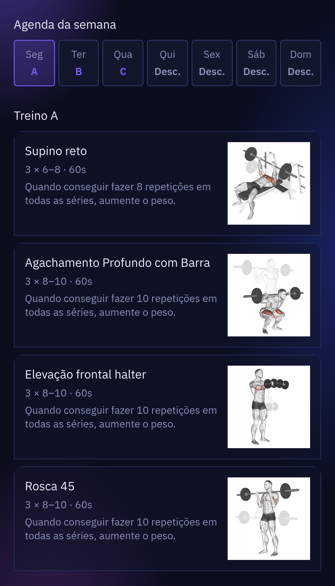 Lista de Treino na aba Treino A, com os cards de exercício e a imagem de cada um