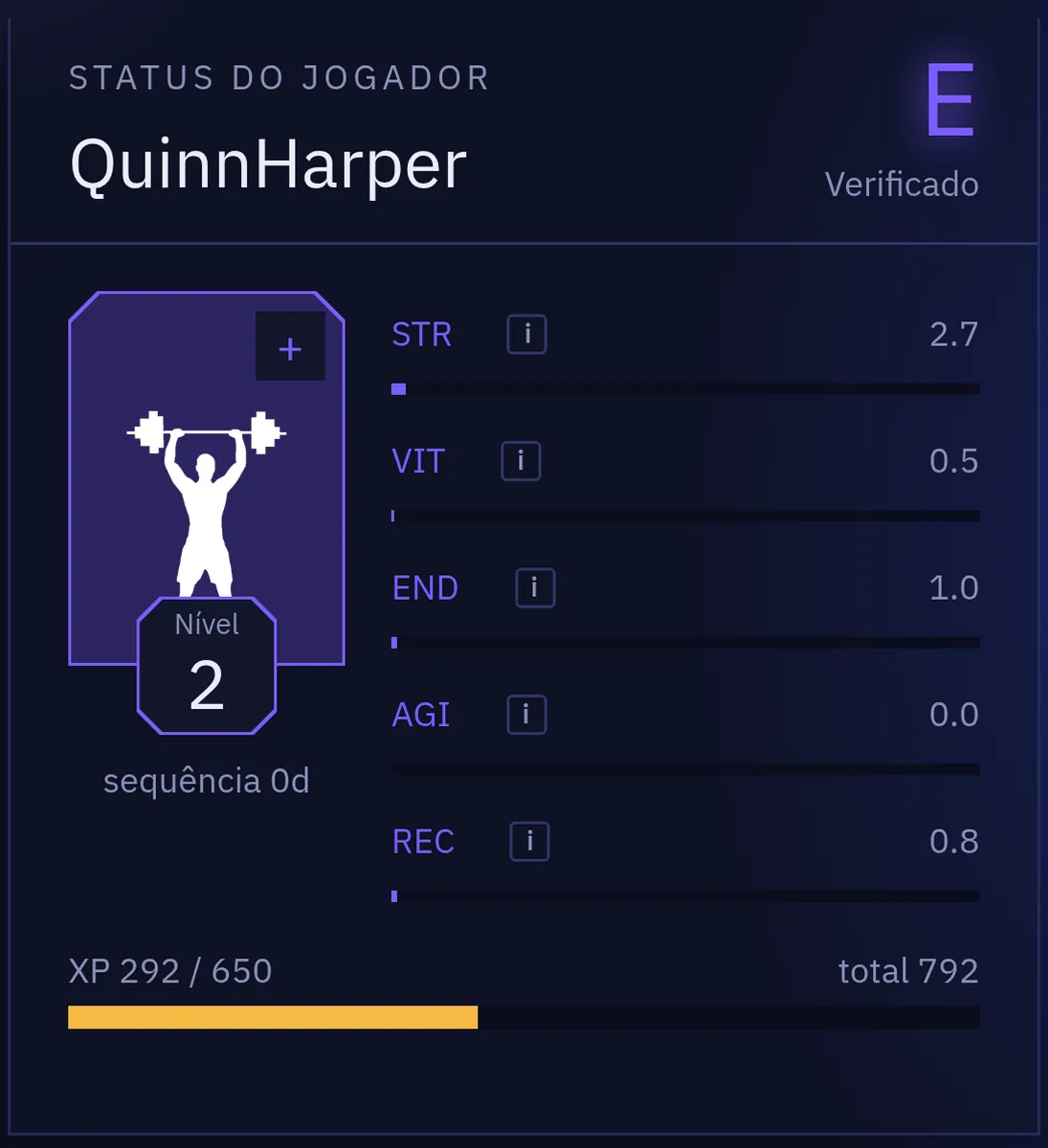 Status do jogador com rank E, Nível 2, atributos STR, VIT, END, AGI e REC e barra XP 292/650 com total 792