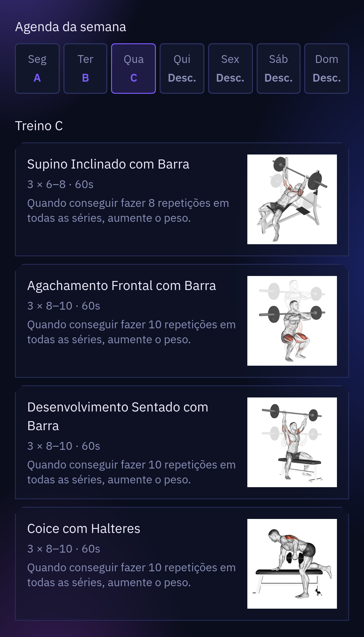 Lista de Treino na aba Treino C, com os cards de exercício e a imagem de cada um