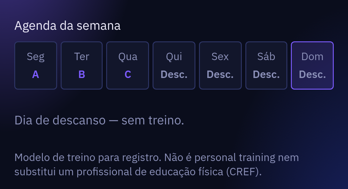 Agenda da semana com o plano gerado: segunda A, terça B, quarta C e descanso de quinta a domingo